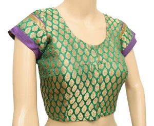 Sushila Vintage Stitched Sari Blouse Green Satin 34" Banarasi Zari Woven Choli - Picture 1 of 5