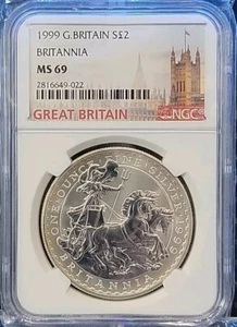 1999 GREAT BRITAIN SILVER 2 POUNDS BRITANNIA1999 GREAT BRITAIN NGC MS 69 Low Pop - Picture 1 of 4