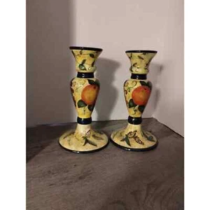 2002 Earthenware Lang 8 3/4" Candlestick Pair Susan Winget "Fruitful Bounty" - Picture 1 of 10