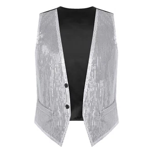 Mens Sequin Vest Shiny Party Sleeveless Waistcoat Button V-Neck Jacket Tuxedo - Picture 1 of 45