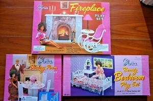 3 MUEBLES GLORIA CASA DE MUÑECAS COMEDOR CHIMENEA Y BELLEZA DORMITORIO JUEGO - Imagen 1 de 4