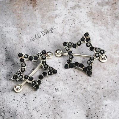 14g Pair Black Sparkle Cz Star Shield nipple rings J5 - Image 1 of 3