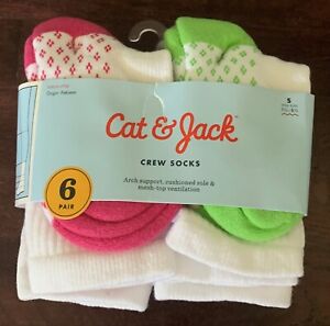 Cat & Jack 6 pair crew socks white w color block girls size S shoe 5.5 - 8.5
