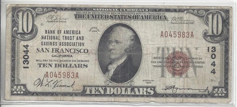 1929 BANK OF AMERICA NTL TRUST AND S & L SAN FRANCISCO - $10 BROWN SEAL CH 13044 Cover