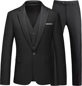Kudmol Mens Suit Slim Fit Black 3 Piece M 40R 34W 1 Button Notch Lapel - Picture 1 of 7