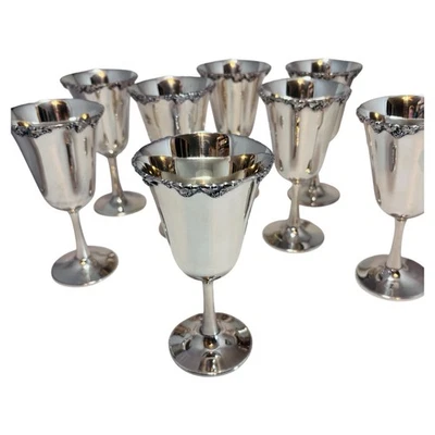 8件套复古20世纪50年代牧夫银盘水或葡萄酒高脚杯6.5英寸高 — 第 1/4 张图片