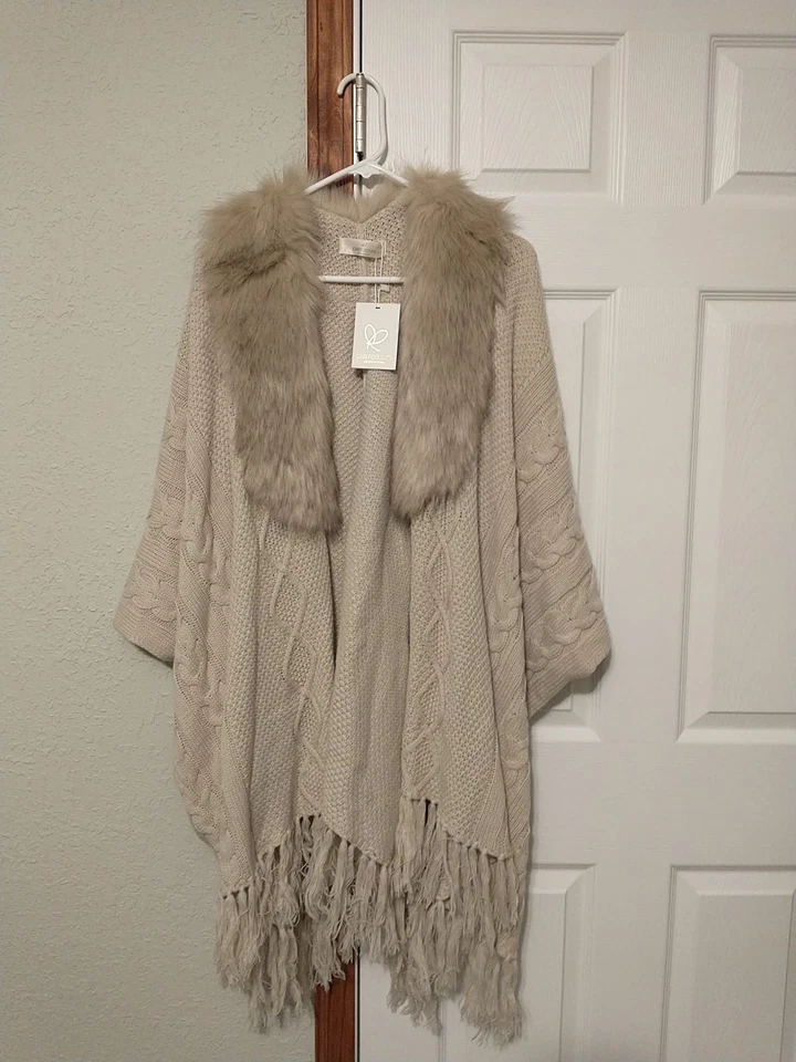NWT Pia Rossini Almond Colored Wrap With Faux Fur Trim One Size - Image 1 of 4