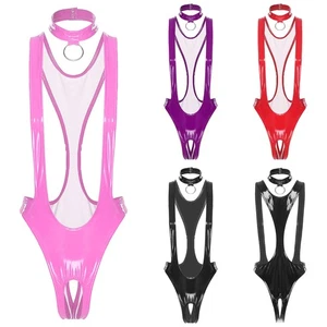 Womens Patent Leather Bodysuit with Choker Wet Look Pole Dance Clubwear Night - Picture 1 of 63