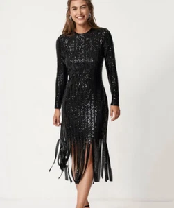 Mint Velvet Black Sequin Fringe Dress Velvet Bows Occasion Cruise SIZE 16 NEW e - Picture 1 of 14