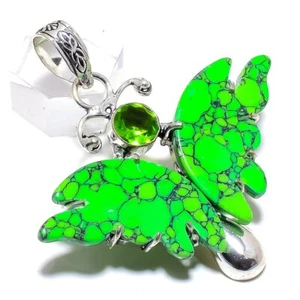Butterfly -Green Turquoise,Peridot Gemstone 925 Sterling Silver Pendant 2.2" J89 - Picture 1 of 6