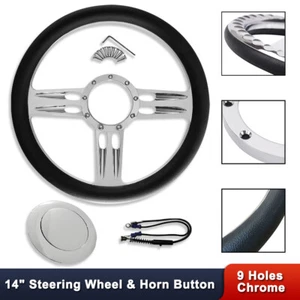 14" Chrome Aluminum 9 Holes Bullet Steering Wheel w/ Black Leather & Horn Button - Picture 1 of 9