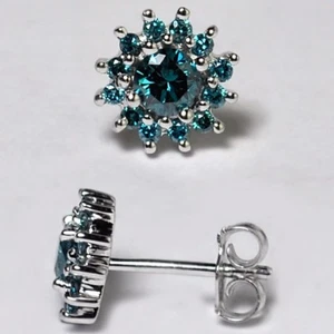 Womens Real Blue Diamond Stud Earrings 925 Sterling Silver Cluster Flower  - Picture 1 of 3
