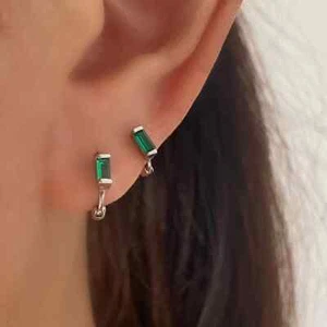 Dainty Tiny Green Baguette Emerald Silver Small Huggie Hoop Earrings - Picture 1 of 5