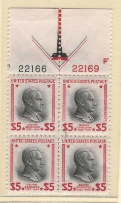 US 1938 FIVE DOLLARS DARK RED & BLACK TOP P # BLOCK OF 4 WITH 2 #'S - Image 1 of 2