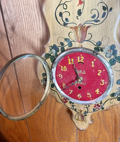Antique Wood Hand Painted Wall Clock Working Tin Face Battery Operated Cover