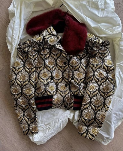Splendida giacca bomber Gucci autentica floreale jacquard visone collo pelliccia tg 38
