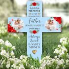 Cross Father Red Roses Photo Blue Remembrance Grave Garden Plaque Memorial Stake