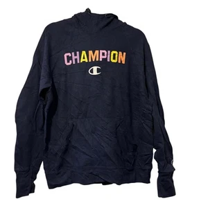 Vintage Champion Women’s Size Medium Navy Blue Hoodie Large Colourful Spellout - Picture 1 of 9