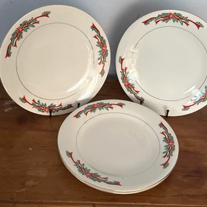 Fairfield/Tienshan  POINSETTIA & RIBBON Dinner Plates With Gold Accent Set of 4 - Picture 1 of 5