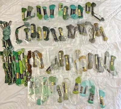 Embroidery Floss Lot Greens/Browns 69 Skeins Range Of Shades DMC, J&P - Image 1 of 4