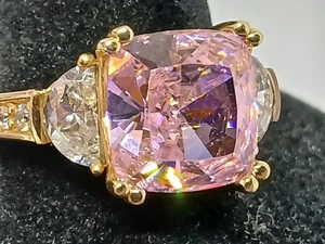 Vintage Women's Designer SW Signed 14K Yellow Gold Pink Clear CZ Ring Size 7 - Picture 1 of 14