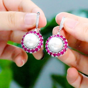 Rote Kristall Runde Perlen Ohrringe Zirkonia Versilbert Trendy CZ Schmuck - Bild 1 von 11