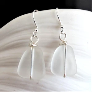 FROSTED CRYSTAL WHITE Cultured sea glass Handmade with silver drop earrings - Picture 1 of 4