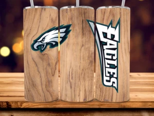 Wood Grain  Eagles Stainless Steel NFL Travel Mug Tumbler &Metal Straw - 20 Oz - Picture 1 of 3