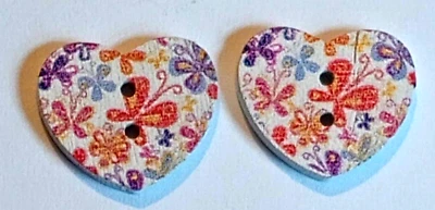 2 Butterfly Heart Sewing Buttons Crafting Flat Wood 2 Hole  5/8"  - Image 1 of 2