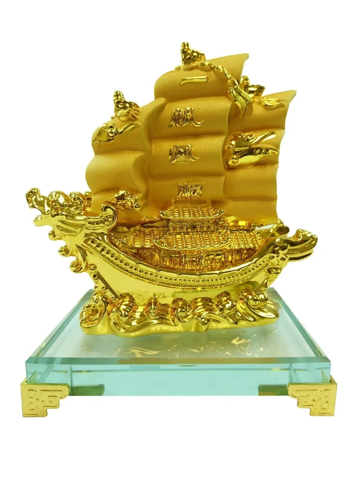 Traditional Feng Shui Decor Fortune Prosperity Gold Wealth Sailing Ship Sailboat - Imagem 1 de 1
