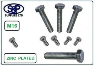 M16 / 16mm FULL THREAD HEX SETSCREW GR 8.8 BZP ZINC PLATED HEX HEAD BOLT SCREWS - Picture 1 of 2