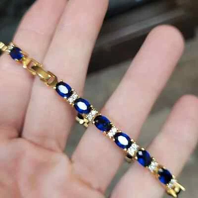 Bonito brazalete tenis 8,0 quilates corte ovalado zafiro simulado chapado en oro amarillo 14K Foto 1 de 4