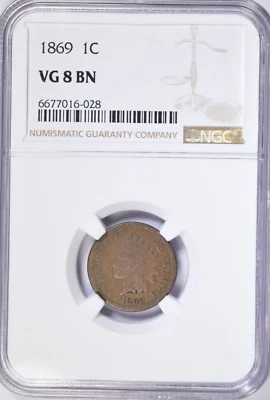 CENTAVO CABEZA INDIA 1869 ~ SOPORTE DE LOSA FRESCO ~ ¡NGC EN MUY BUENA CONDICIÓN 8! Foto 1 de 4
