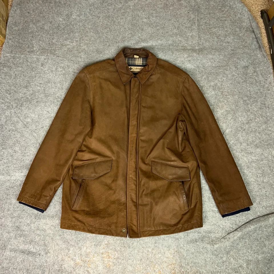 Columbia Mens Coat Large Brown Leather Wool Blanket Lined Jacket Outdoor Gorp ^ - Image 1 of 4