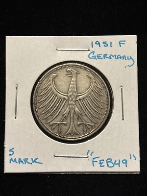 1951 F Germany 5 Mark Circulated World Silver Coin “feb49” - Image 1 of 4
