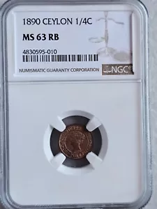 Ceylon 1/4 Cent 1890 NGC MS 63 RB - Picture 1 of 2