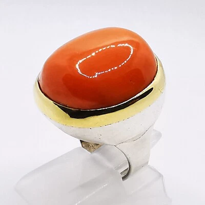 Art Deco Coralle /Koralle Damenring Ring Heilstein/Edelstein 925 Silber 750 Gold - Bild 1 von 4