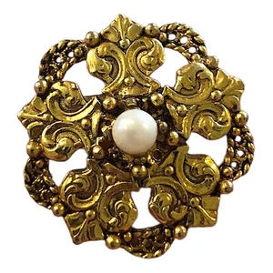 Vintage Intricate Gold Plated and Faux Pearl Brooch 1.25” - Picture 1 of 3