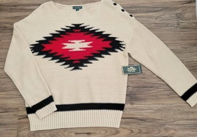 Precioso Suéter Para Mujer Nuevo con Etiquetas LRL Ralph Lauren Beige Azteca Suroeste Temático *XL Foto 1 de 4
