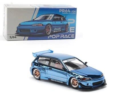 Pop Race 1:64 Honda Civic EG6 Pandem v1.5 Blue Chrome Diecast Model Car PR640206 - Image 1 of 4