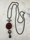 Chicos Asian Design Carved Faux Cinnabar & Antiqued Silver Tone Necklace 