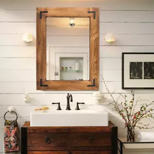Rustic Wooden Framed Wall Mirror, Natural Wood Bathroom Vanity Mirror for Farmho - Picture 1 of 7