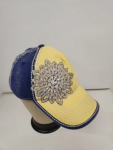 Bling Flower Two Tone High Contrast Baseball Hat by Olive & Pique Blue Yellow - Picture 1 of 7