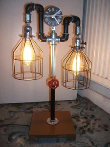 Handmade Industrial Metal Retro Steel Pipe Twin Bulb Table Lamp / Clock - Picture 1 of 1