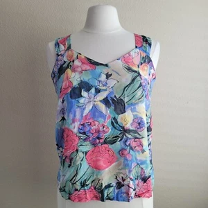 Vintage CAROLE LITTLE Large Floral Tank Top Size 10 / S 80s Watercolor Art USA - Picture 1 of 7