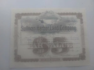 Sullivan Harbor Land Company 1891 Stock Certificate 100 One Hundred Shares Maine - Imagen 1 de 8