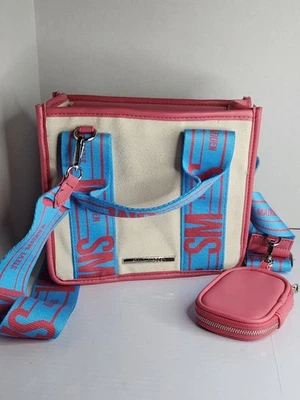Steve Madden BWEBBER Canvas Crossbody Satchel Bag with AirPod Case Blue Pink - Image 1 of 4