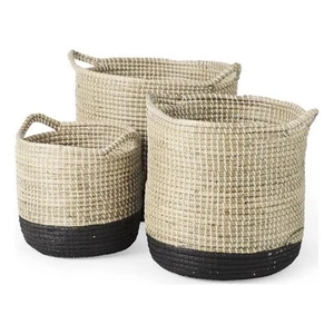 Mercana Maddie Light Brown W/Black Dipped Seagrass Round Basket in Set Of 3 - Picture 1 of 8