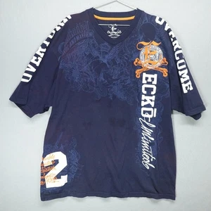 Ecko Unltd Shirt Mens 2XB Navy Blue V-Neck Embroidered Graphic Streetwear - Picture 1 of 20