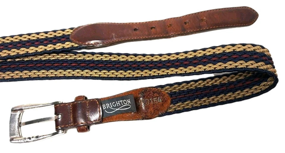 Brighton Stretch Nylon Woven Belt Braided Blue Red Pattern Leather Brass Sz 36 - Image 1 of 4